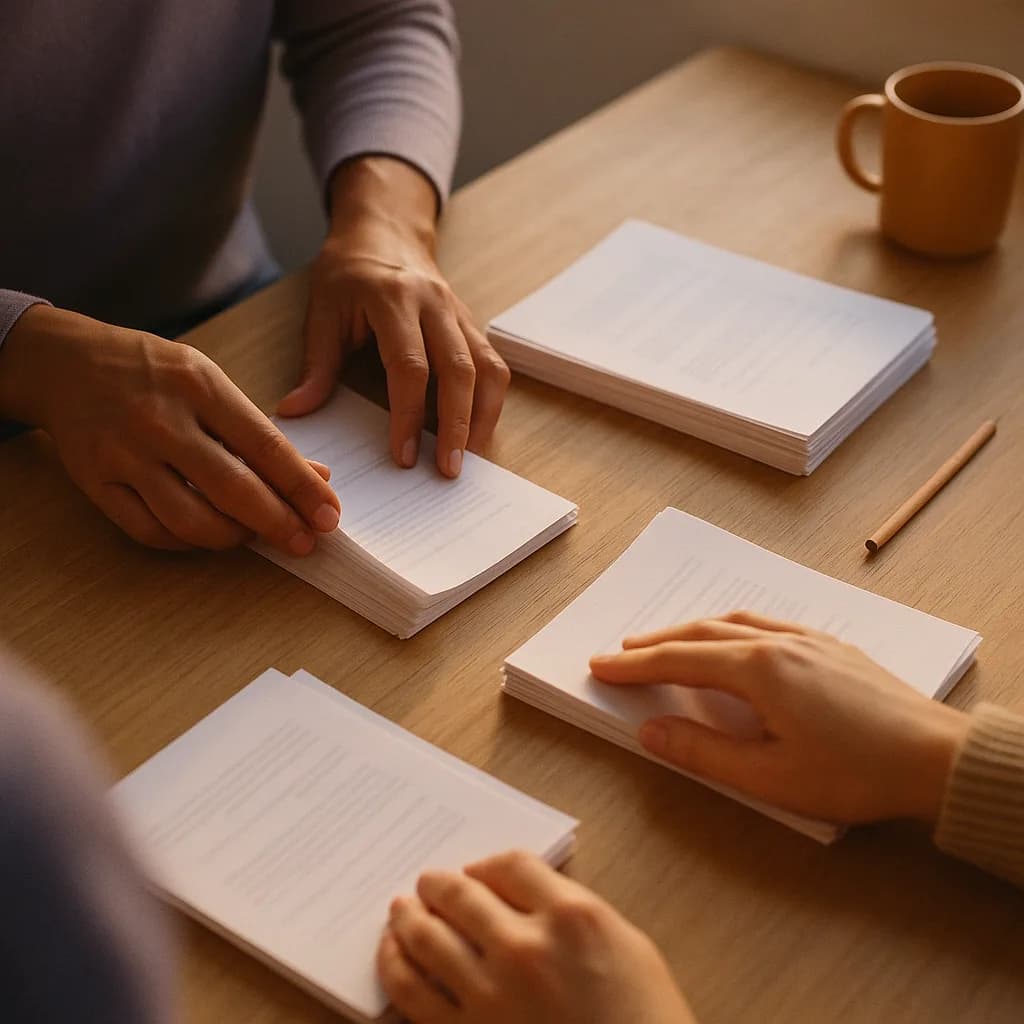 Two people's hands at a wooden table, sorting printed documents into ordered piles in morning light.